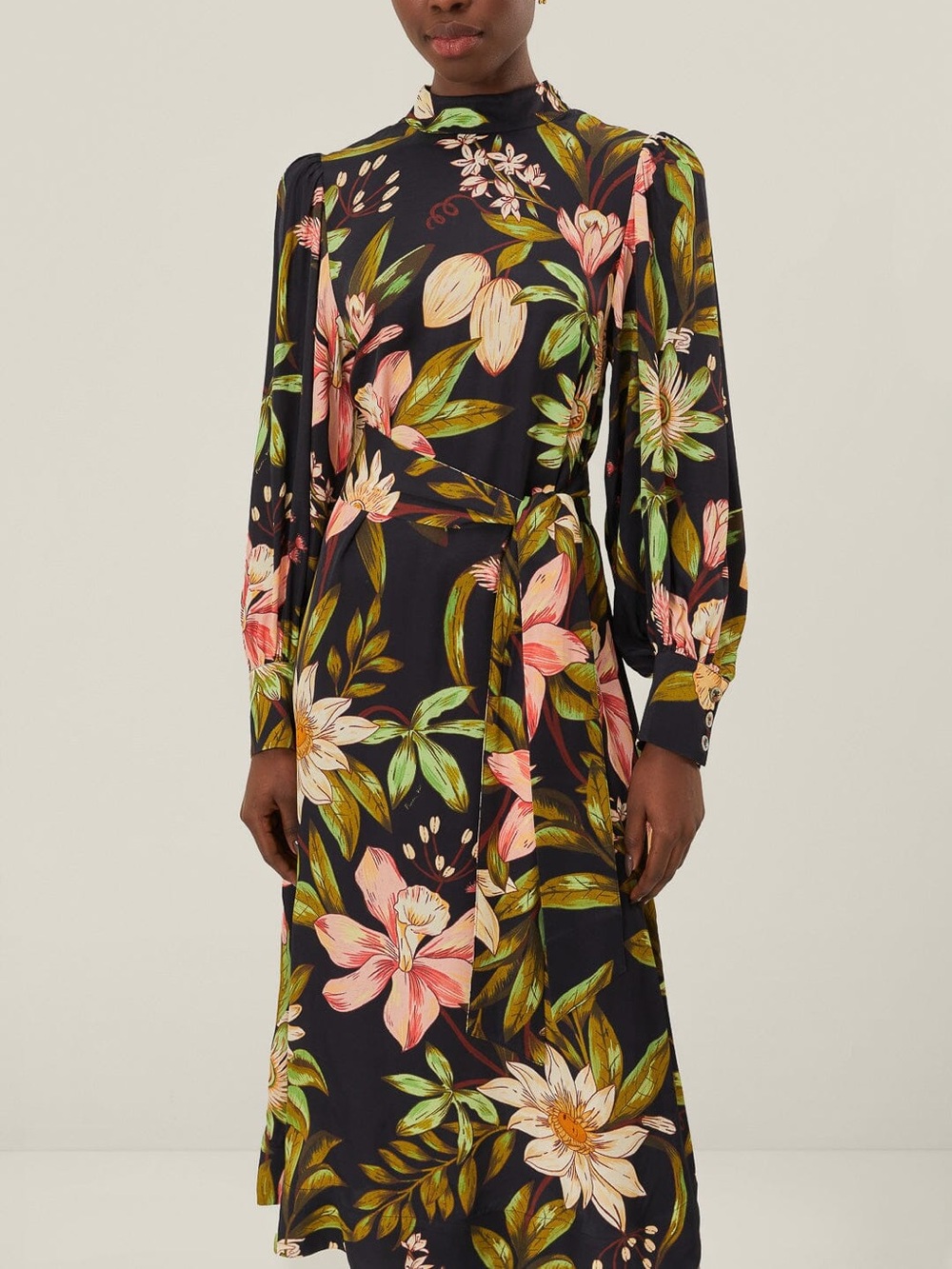 Farm Rio: Surreal Flowers Black High Neck Midi Dress DT